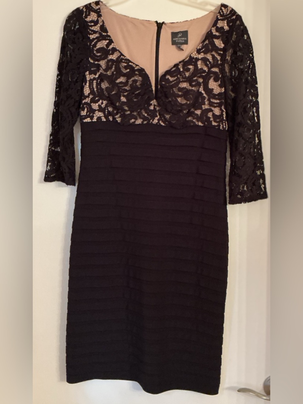 Adrianna Papell Black Lace-Overlay Midi Dress with Nude Lining
